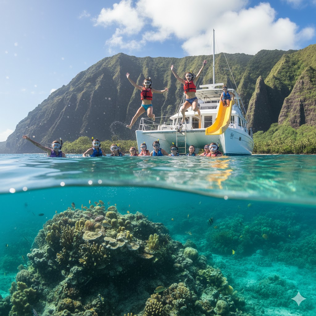 Divers near coral reef; boat in background with people jumping off, surrounded by mountains.