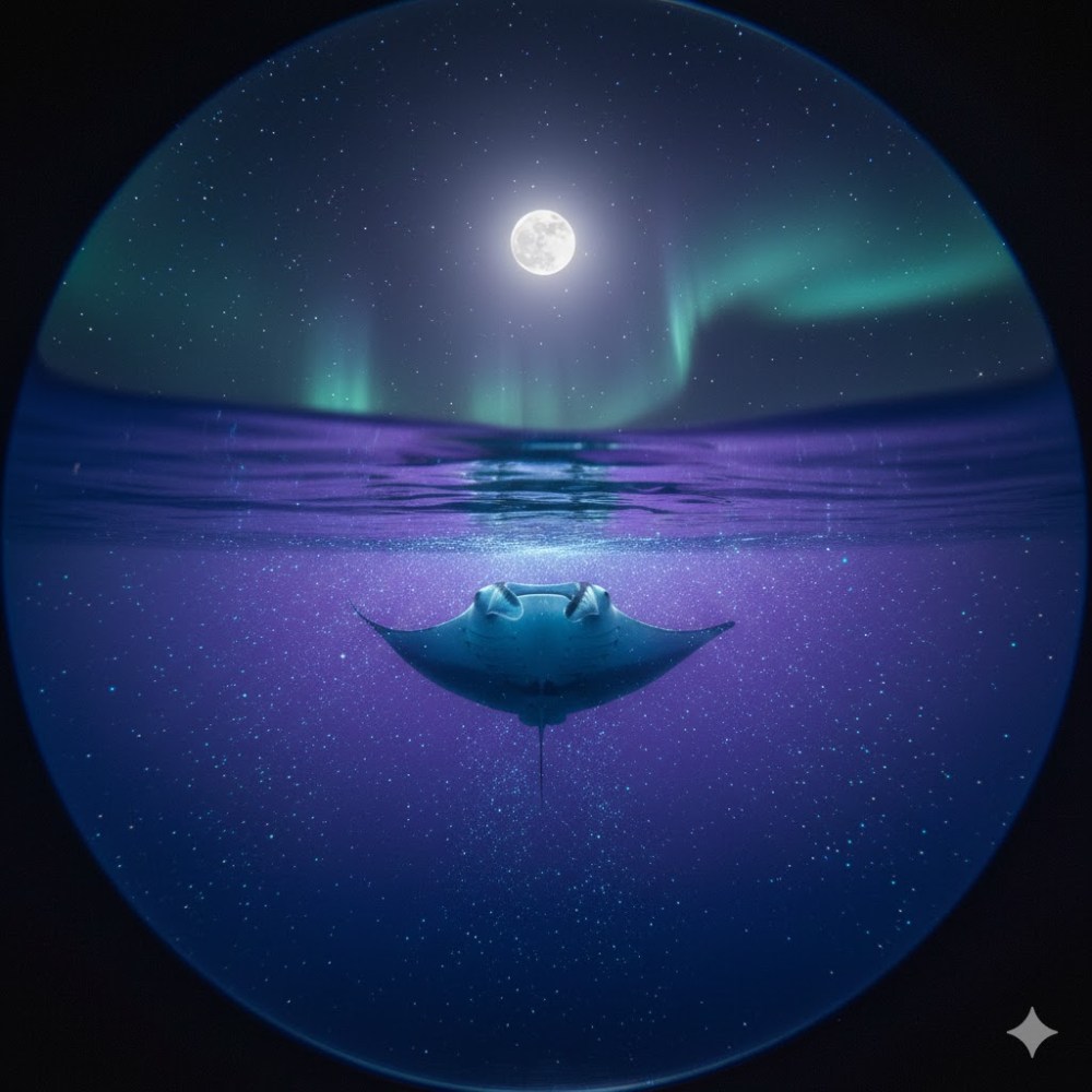 A manta ray underwater with moon and aurora borealis in the starry sky above.