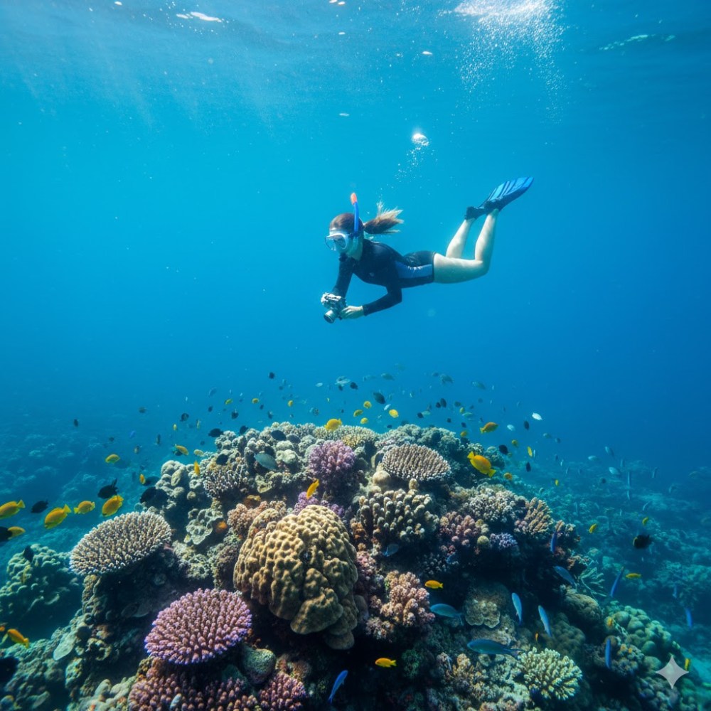 Snorkeler with camera swims over vibrant coral reef with colorful fish.