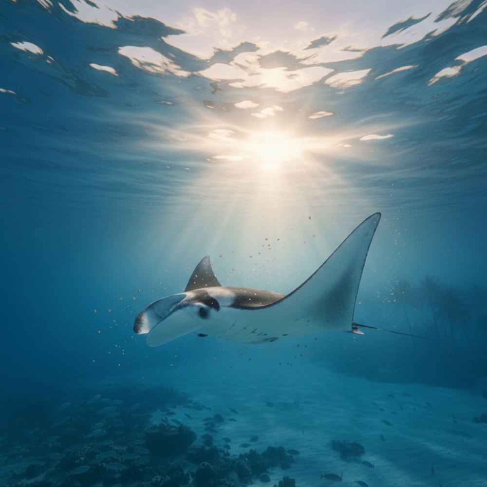 Manta ray swimming underwater with sunlight filtering through, casting shadows on the ocean floor.