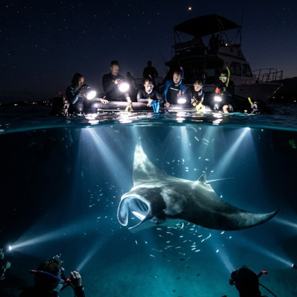 Manta ray swims below people with lights on a boat at night, illuminating the water.