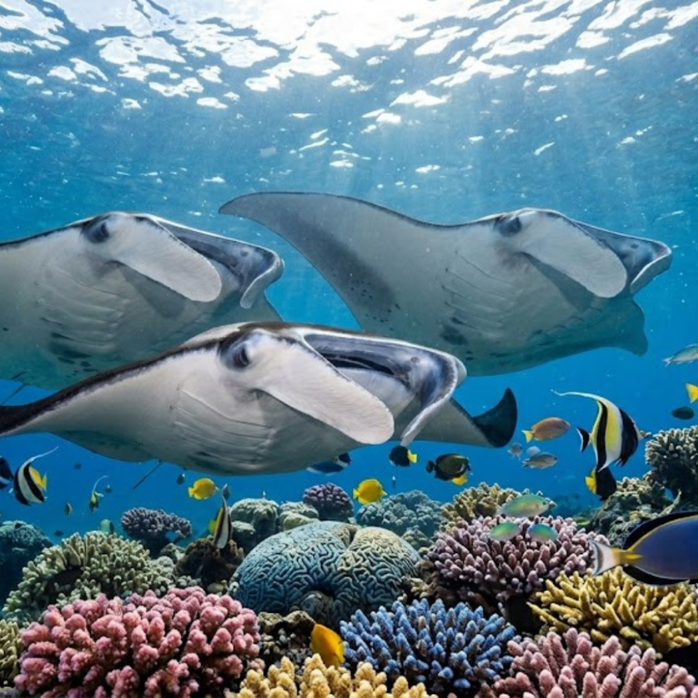 Three rays swimming above colorful coral reef with fish.