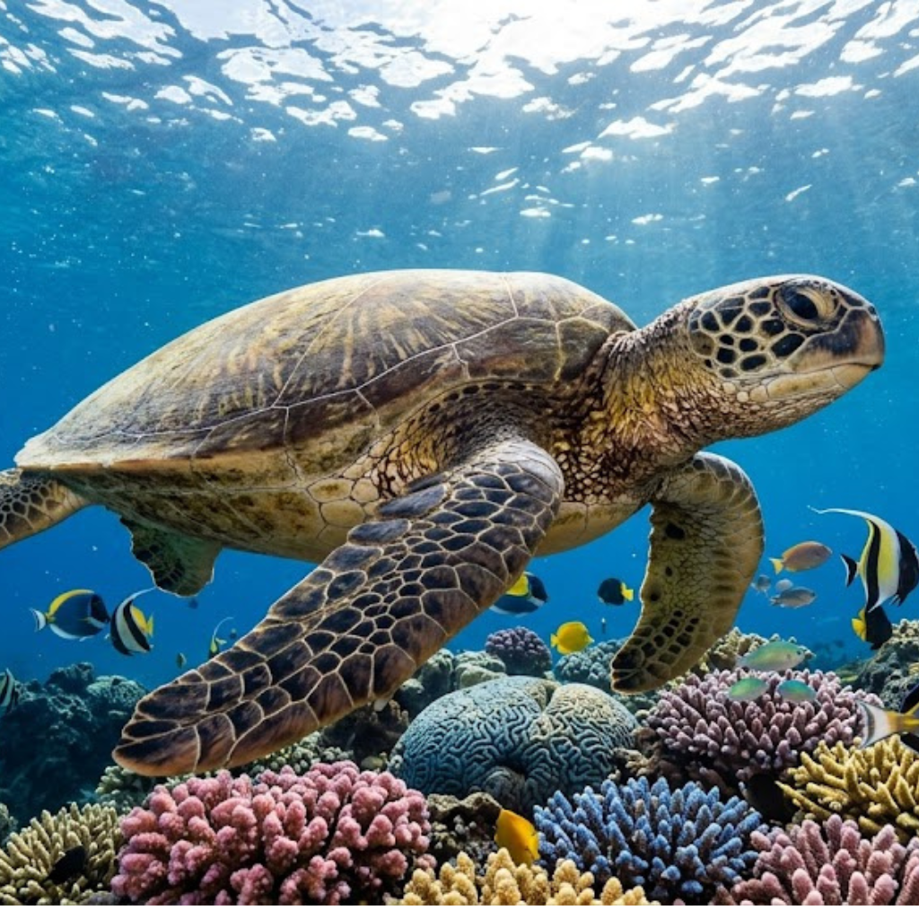 Sea turtle swimming over colorful coral reef with tropical fish.