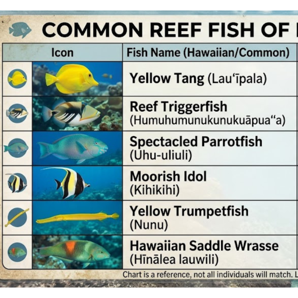 Chart of common Hawaiian reef fish with names and images.