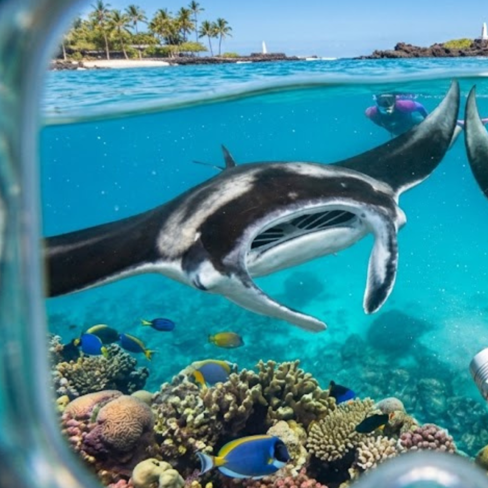 Person snorkeling near a manta ray and colorful fish over coral reef in clear ocean water.