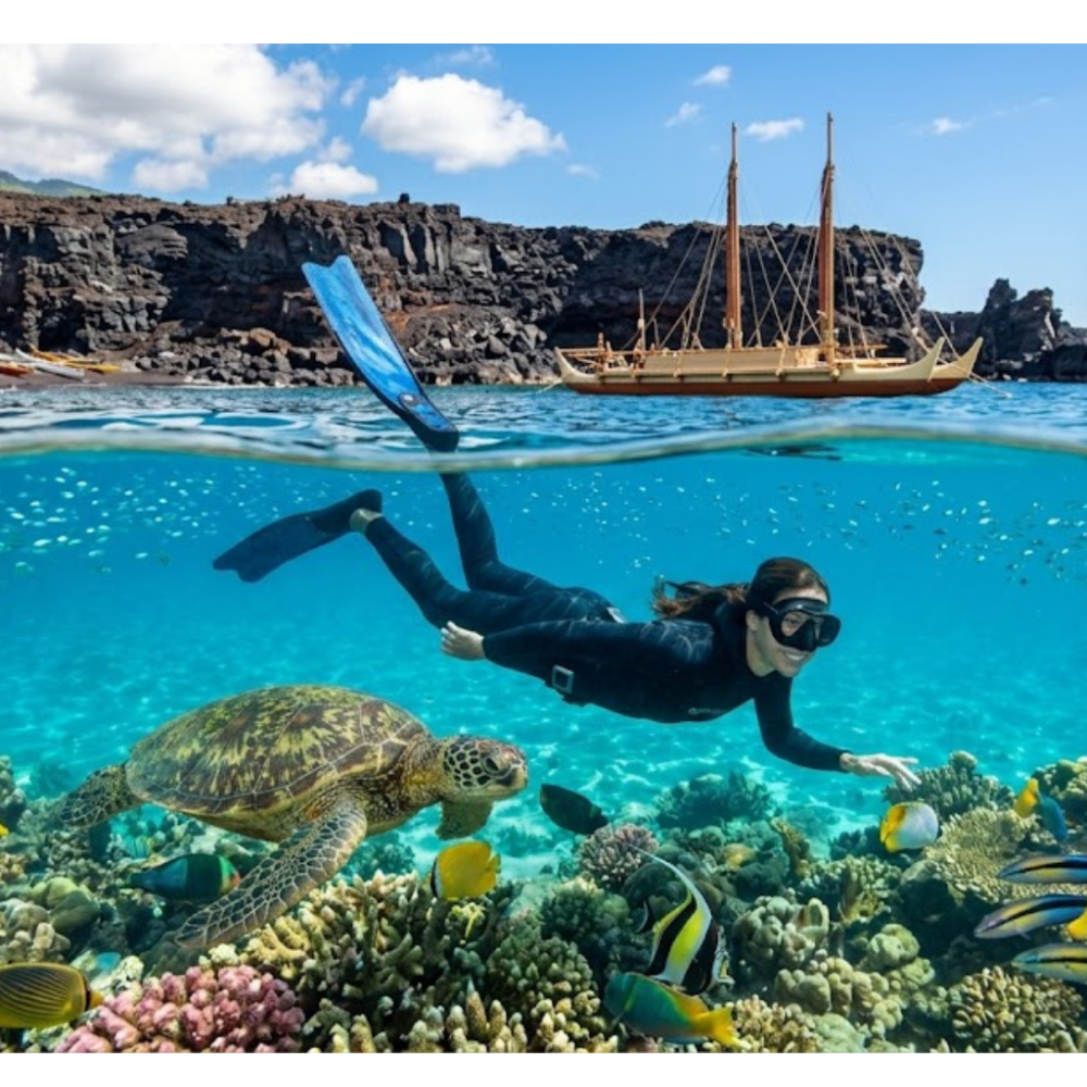 Person snorkeling near coral reef with sea turtle and fish, sailboat and rocky shore in background.