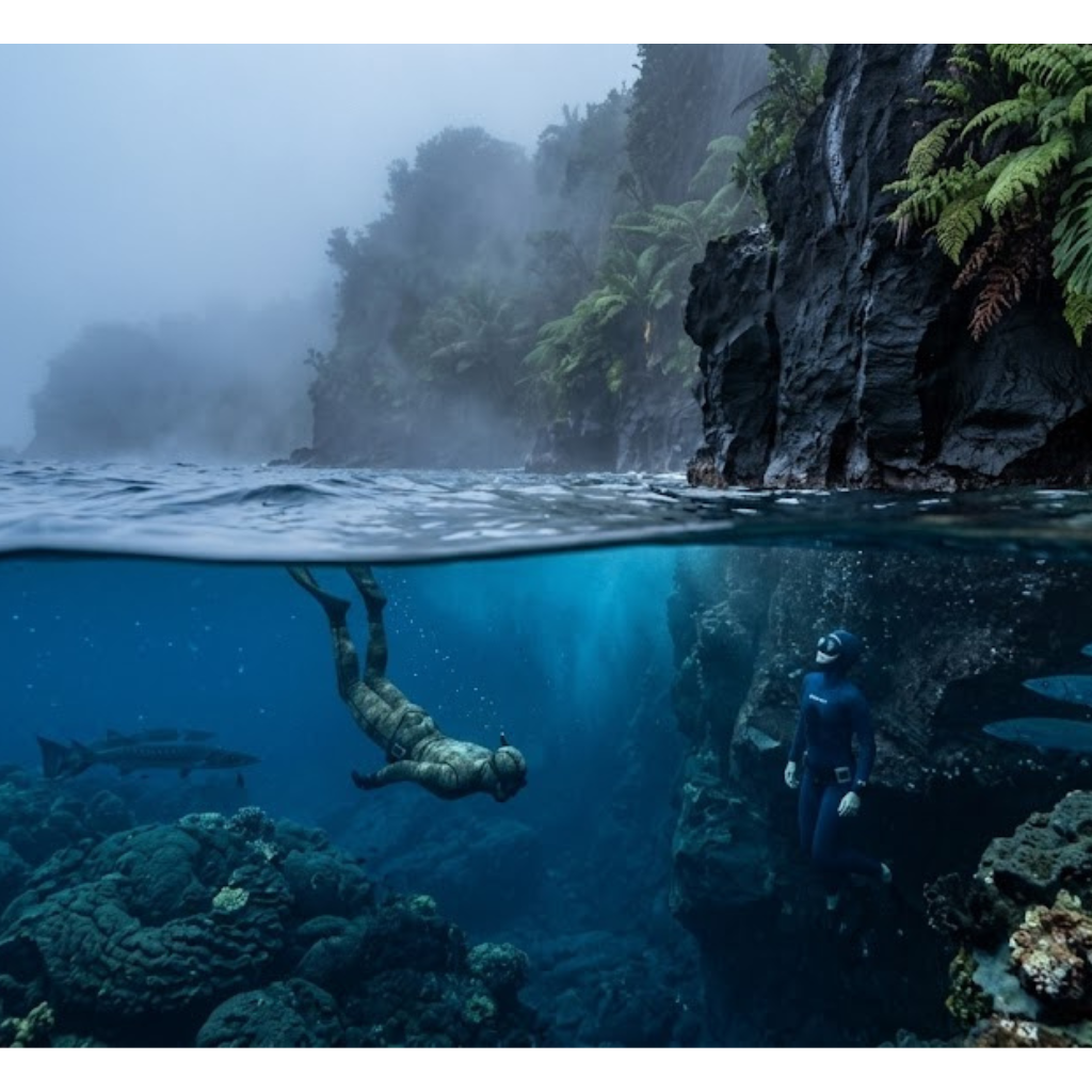 Underwater view of two divers near rocky cliffs with fish swimming around.