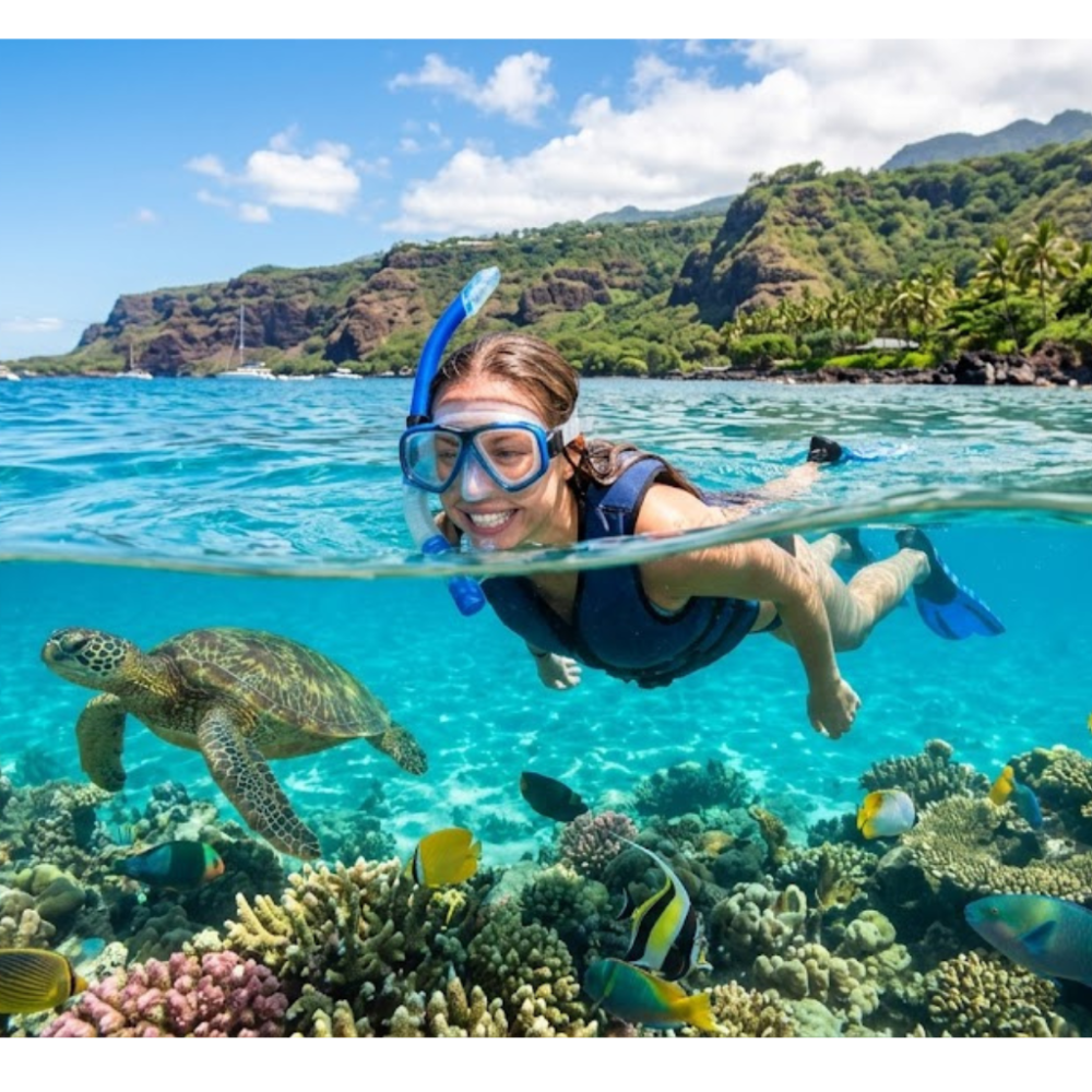 Person snorkeling near coral reef with sea turtle and tropical fish in clear blue water.