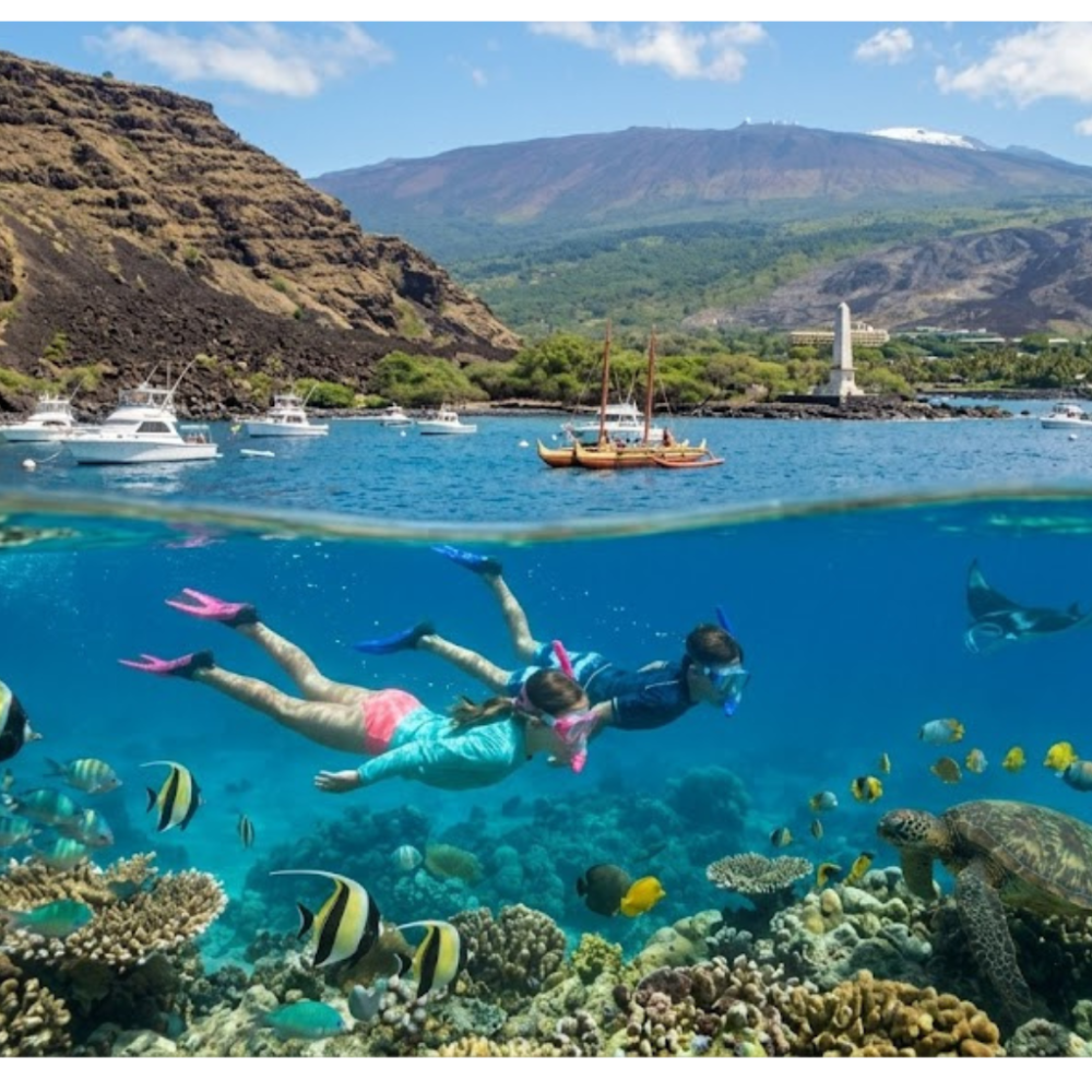 things to do in Kona in August. People snorkeling above coral reef with fish; boats and mountains in background.