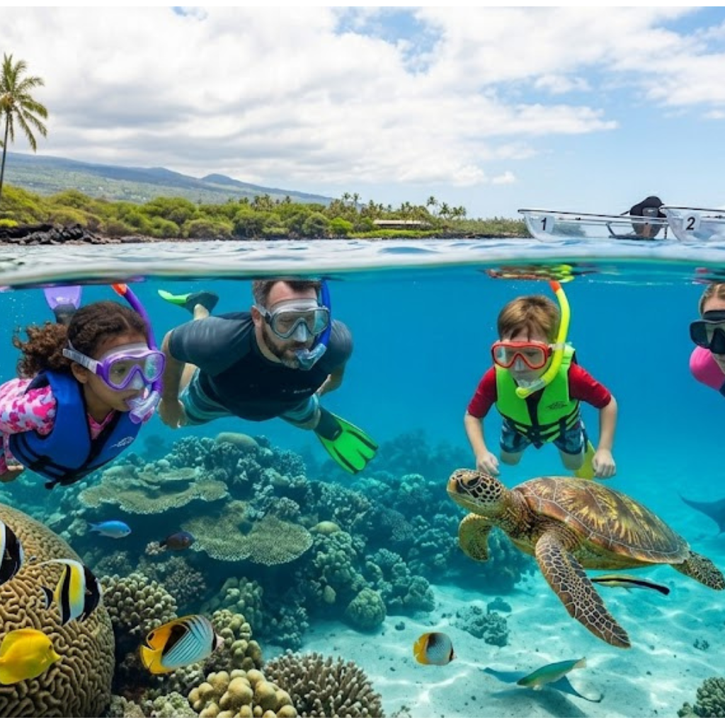 Family snorkeling in clear water with coral reef and sea turtles.