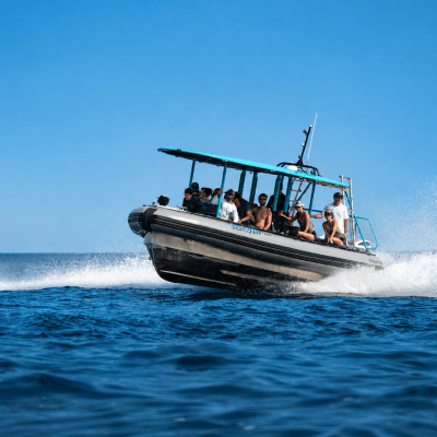 Speedboat with people cruising on open water under clear blue sky.