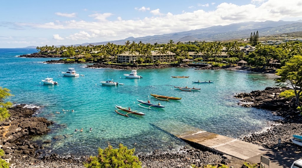 Scenic bay with boats, clear water, lush greenery, and distant mountains.