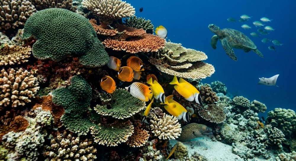 Colorful coral reef with fish and a turtle swimming in clear blue water.