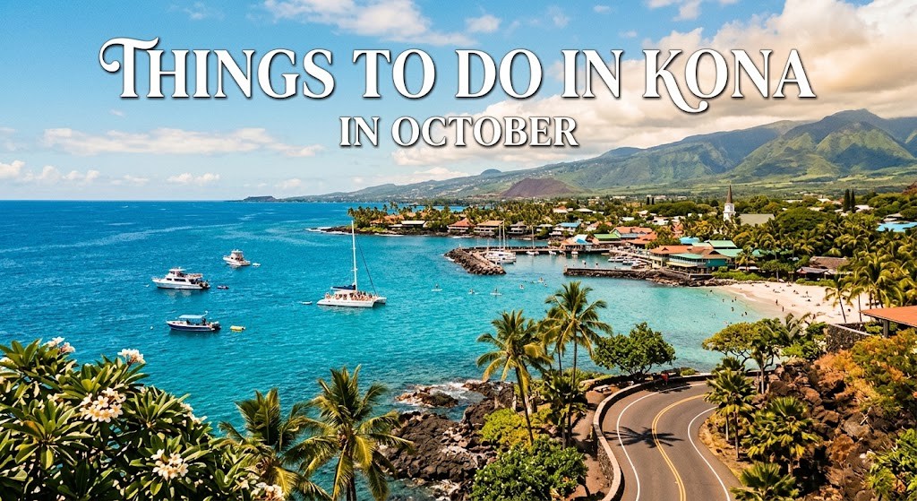 Coastal view of Kona with boats, palm trees, and mountains under sunny skies.