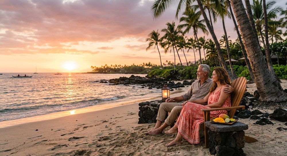 Couple sitting on a beach at sunset with palm trees and ocean in the background.