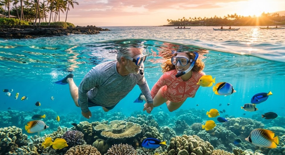 Two snorkelers explore a vibrant coral reef with colorful fish, under a sunset-lit sky.