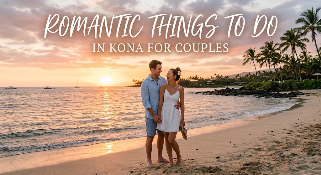 Couple walking on a beach at sunset with palm trees and text overlay.