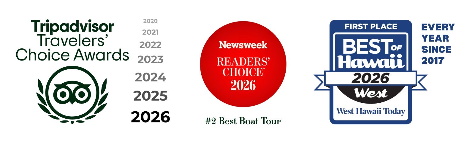 Collection of award logos from Tripadvisor, Newsweek, and Best of Hawaii.